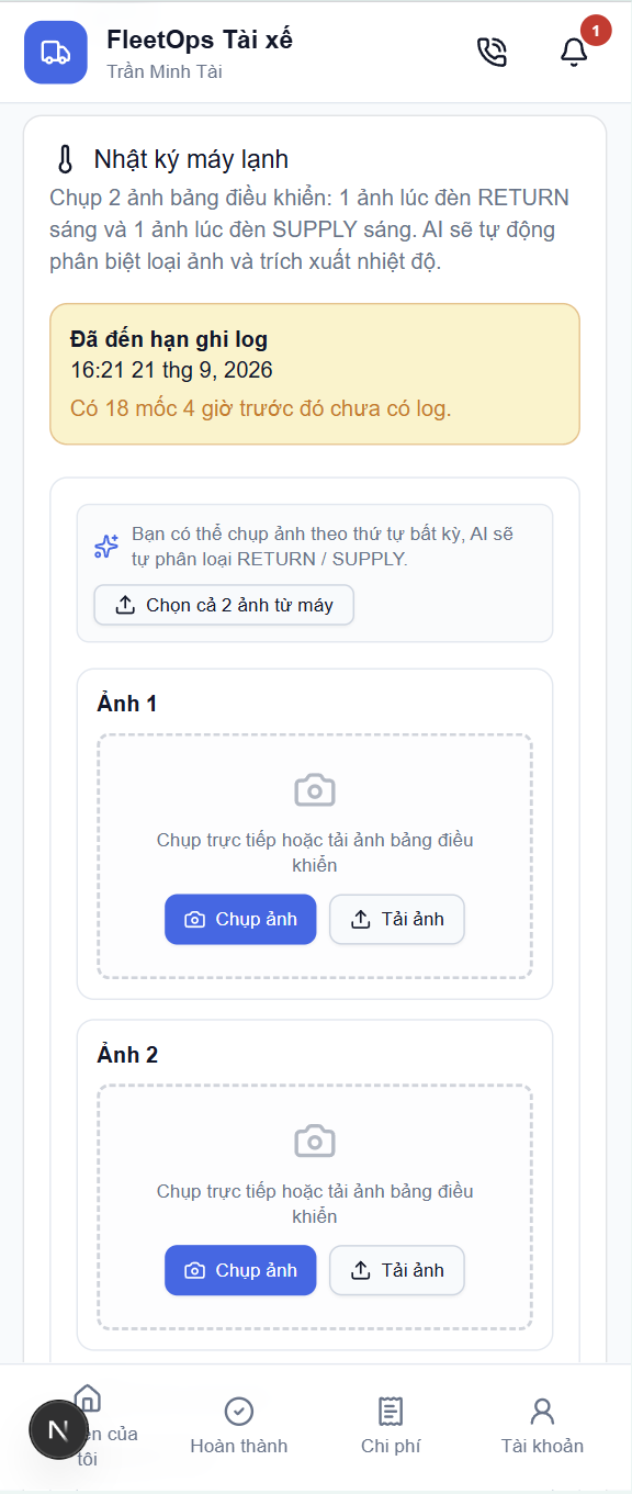 App Tài xế — Chụp 2 ảnh RETURN và SUPPLY & đếm ngược mốc 4h